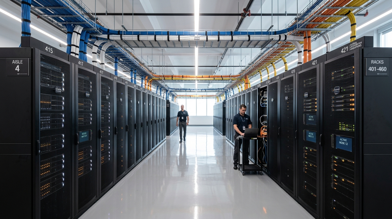 Fasilitas data center enterprise yang dikelola dengan standar keandalan tinggi