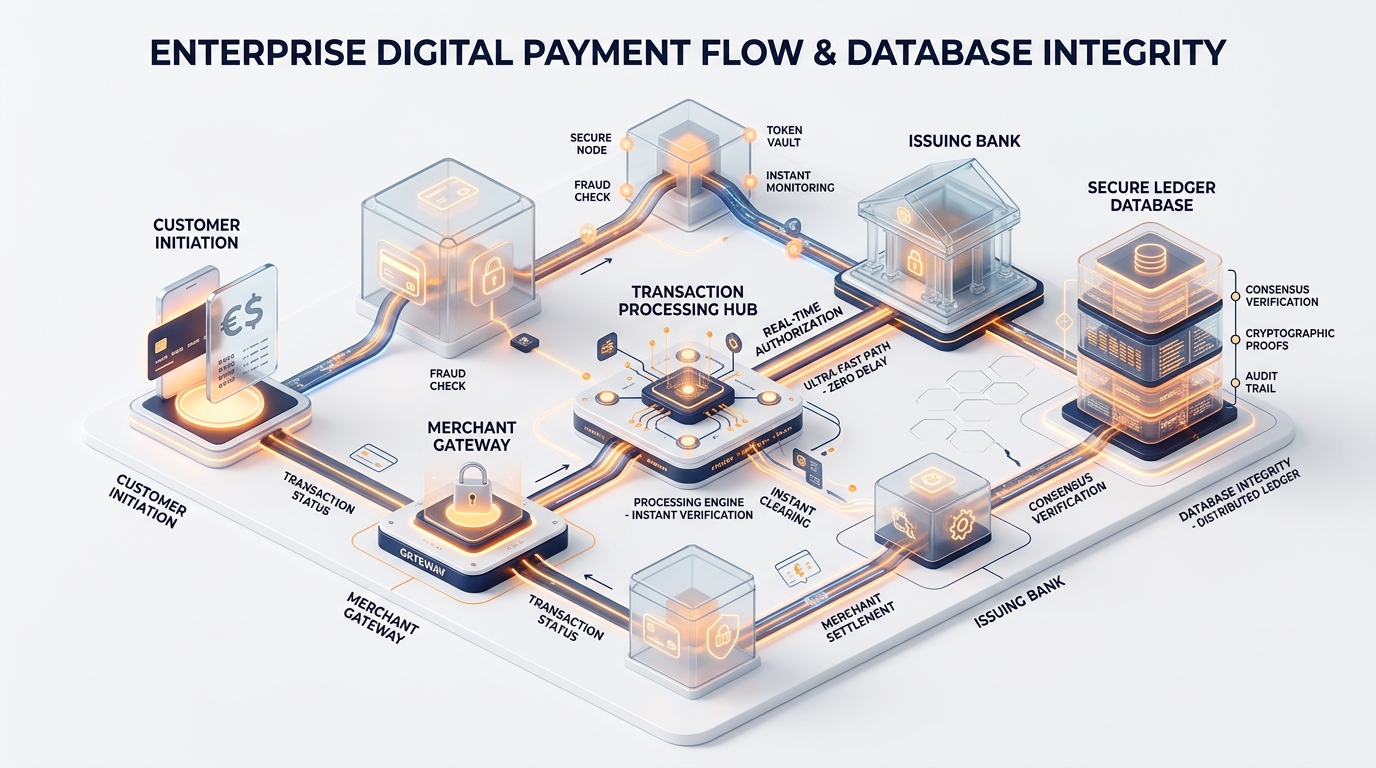 Visual arsitektur transaksi fintech dan integritas database